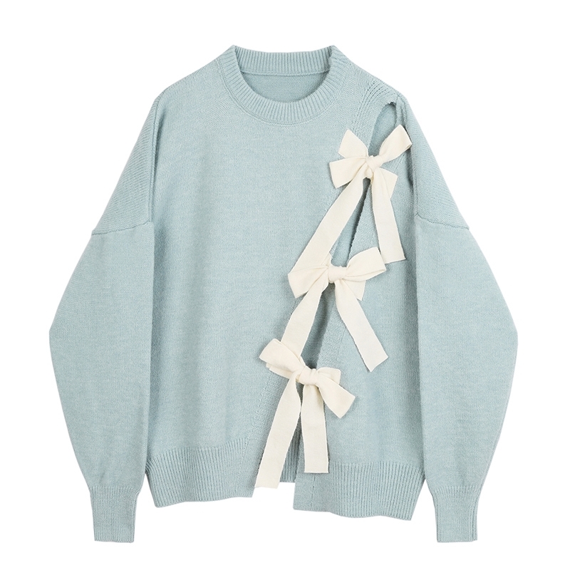 Apricot Bow Big Size Knitting Sweater Loose Round Neck Long Sleeve Women Pullovers New Fashion Autumn Winter 1DA814 210218