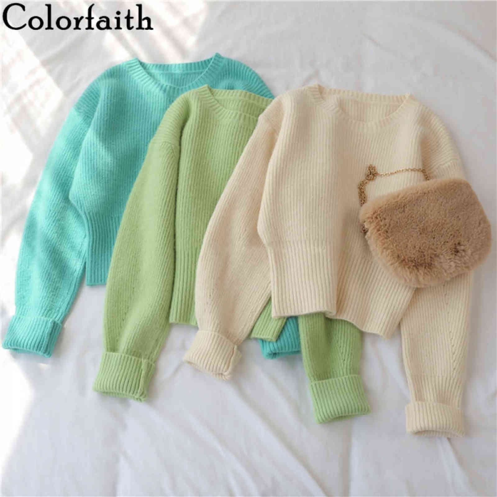 Colorfaith Spring Women's Sweater Pullovers Warm Minimalist Korean Short Elegant Solid Sweet Lady Jumpers SW1184 211109