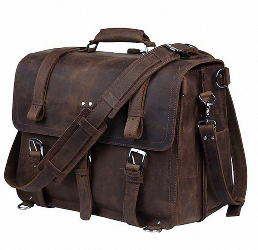 

Vintage Crazy Horse Genuine Leather Men Briefcase Business Bag Large Leather Briefcases Men 15.6"Laptop Case Shoulder Bags M086#, Dark brown