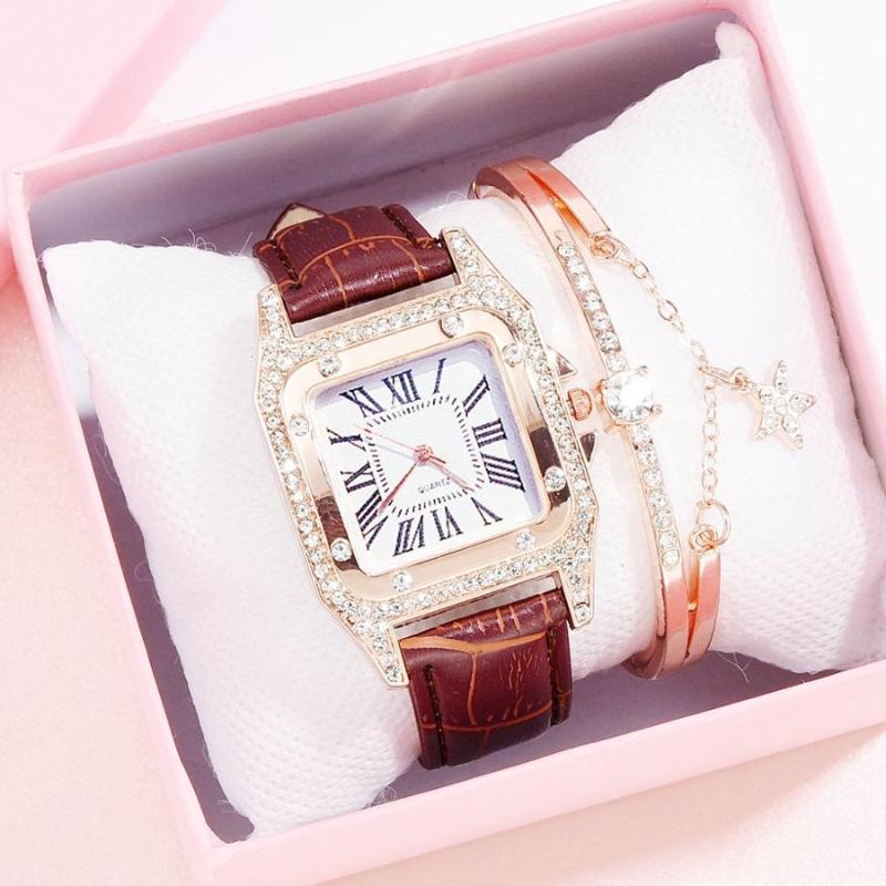 

Wristwatches Rectangle Rhinestone Women Watch Set 2pcs Quartz Leather Belt Ladies Wristwatch Bracelet Roman Luxury Female Clock Montre Femme, Red watch