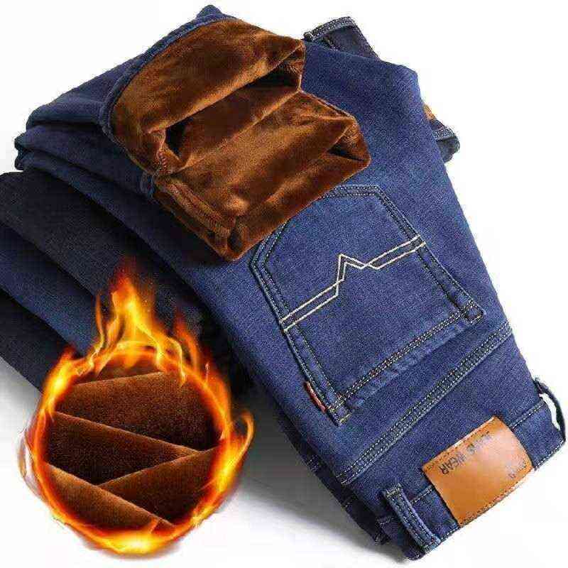 Autumn and winter elastic men's jeans straight tube loose casual pants autumn large with plush thickening 211111
