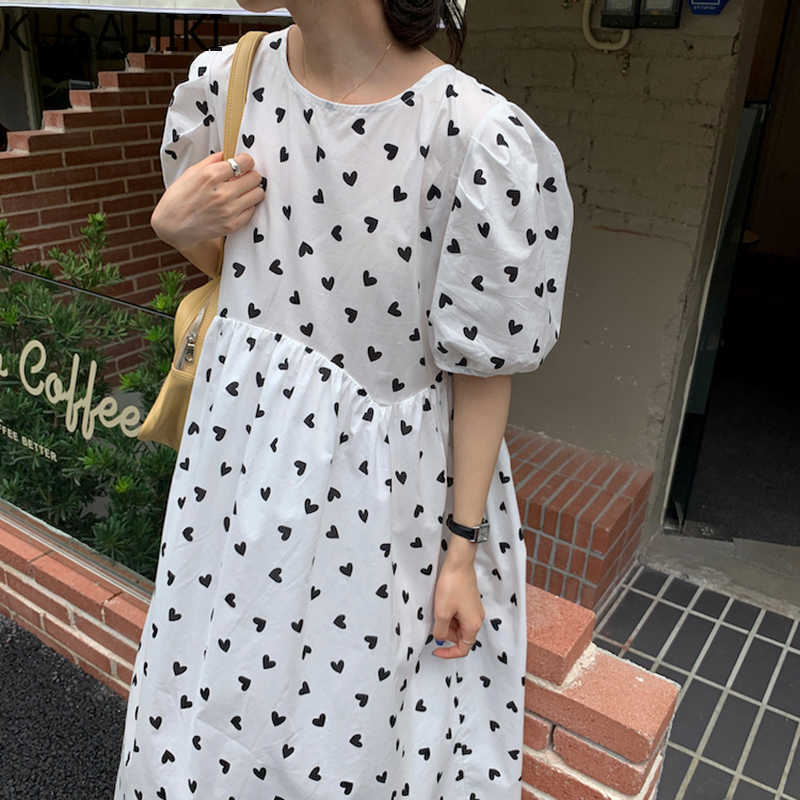 KUSAHIKI Chic Love Heart Printed Women Dress Korean Puff Sleeve O-neck Causal Vestidos Femme Summer Dresses 6H667 210602, White 
KUSAHIKI Chic Love Heart Printed Women Dress Korean Puff Sleeve O-neck Causal Vestidos Femme Summer Dresses 6H667 210602, White