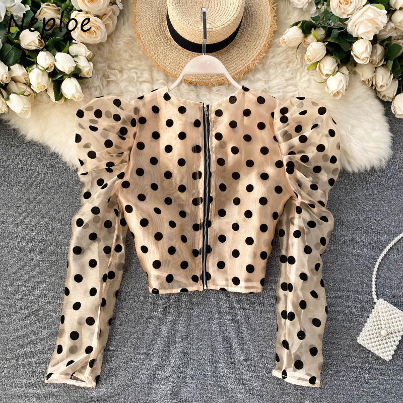 Neploe Retro Chic Polka Dot Puff Sleeve Blouse Women O-neck Zip Panelled Femme Blusas Fashion New All-match Shirt 1F917 210225