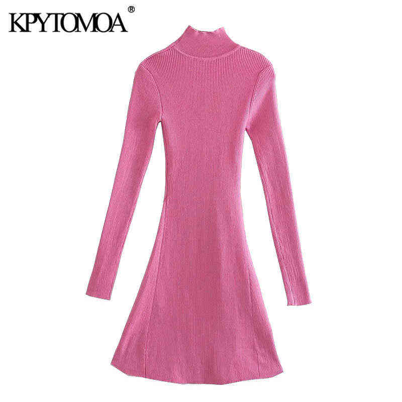 KPYTOMOA Women Chic Fashion Front Slit Fitted Knit Mini Dress Vintage High Neck Long Sleeve Female Dresses Vestidos Mujer 211221