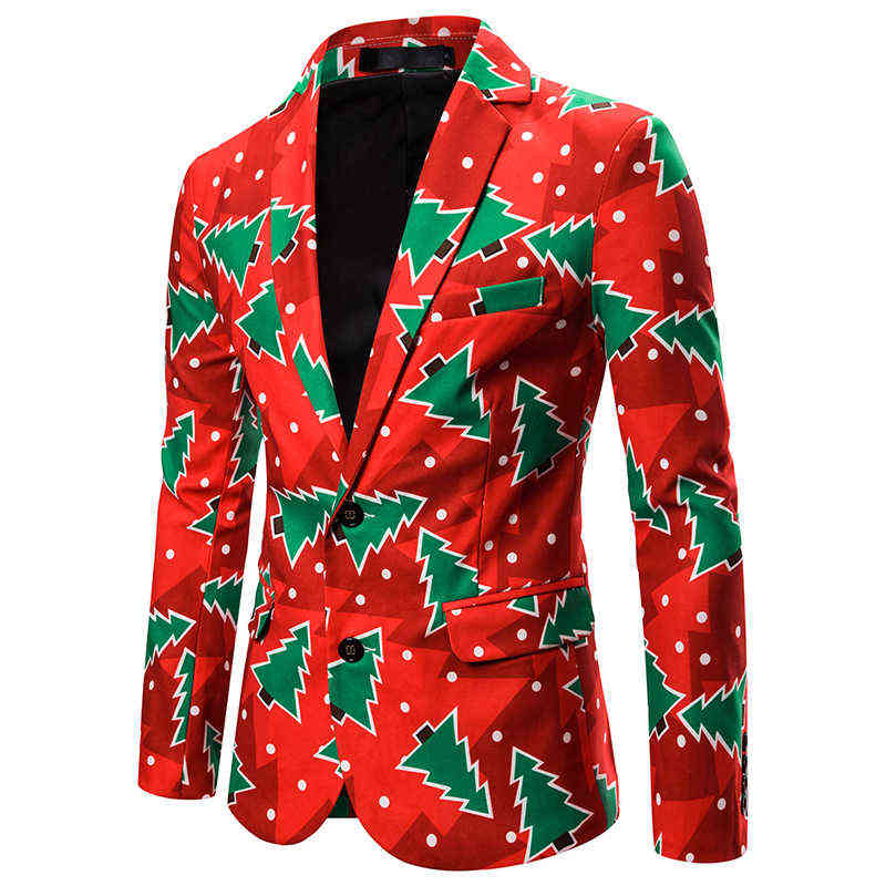 Red Christmas Tree Blazers Men 3D Print Men Suit Jacket Casual Slim Fit Party Stage Costumes for Singers Mens Blazer Masculino 211120