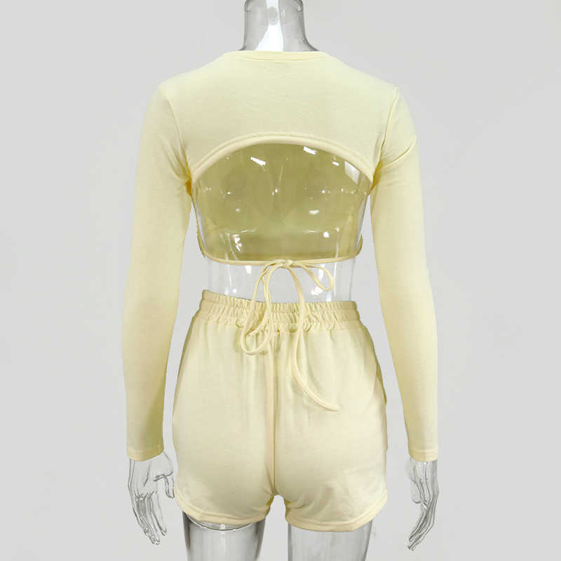 Colysmo Mini Shorts Set Tracksuit Women Summer Back Cut Out Sexy Crop Top Two Piece Womens Solid Casual 2 Clothes 210527