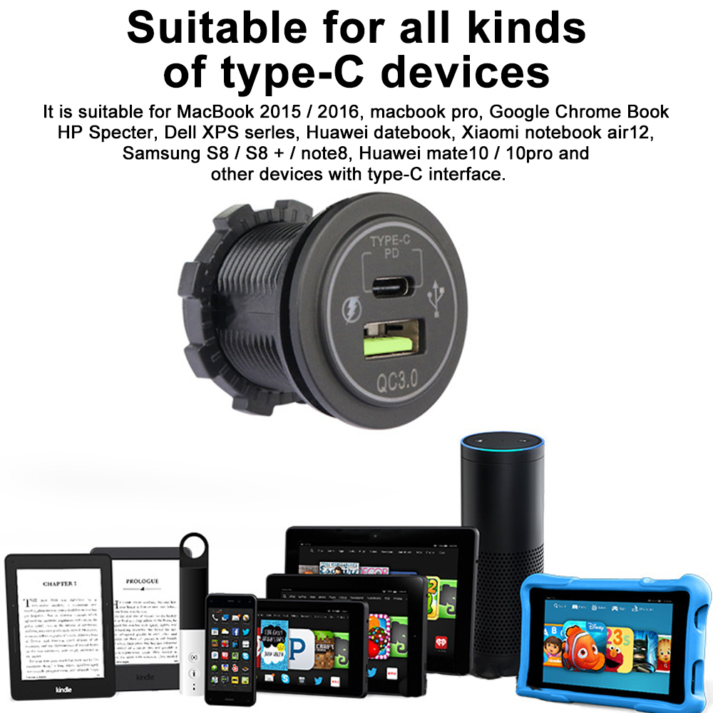 Type C/QC 3.0 USB Charger with Switch Socket Power Outlet Adapter Waterproof For 12V 24V Car Truck Boat RV Motorcycle