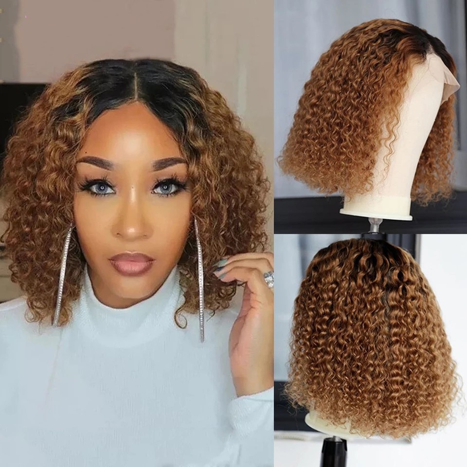 Ombre Short Bob Wig Brazilian Human Hair 1B/27 Color Kinky Curly Synthetic Lace Front Wigs Baby Pre Plucked