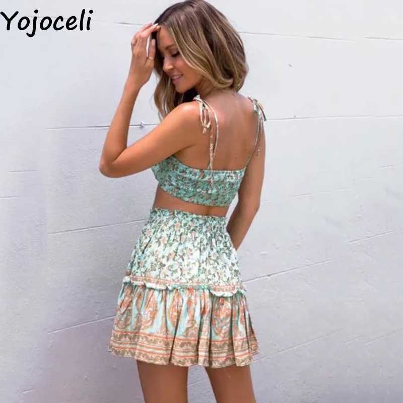 Yojoceli Sexy boho print short dres 2 piece set Elegant summer beach strap Casual daily ruffle sun 210609