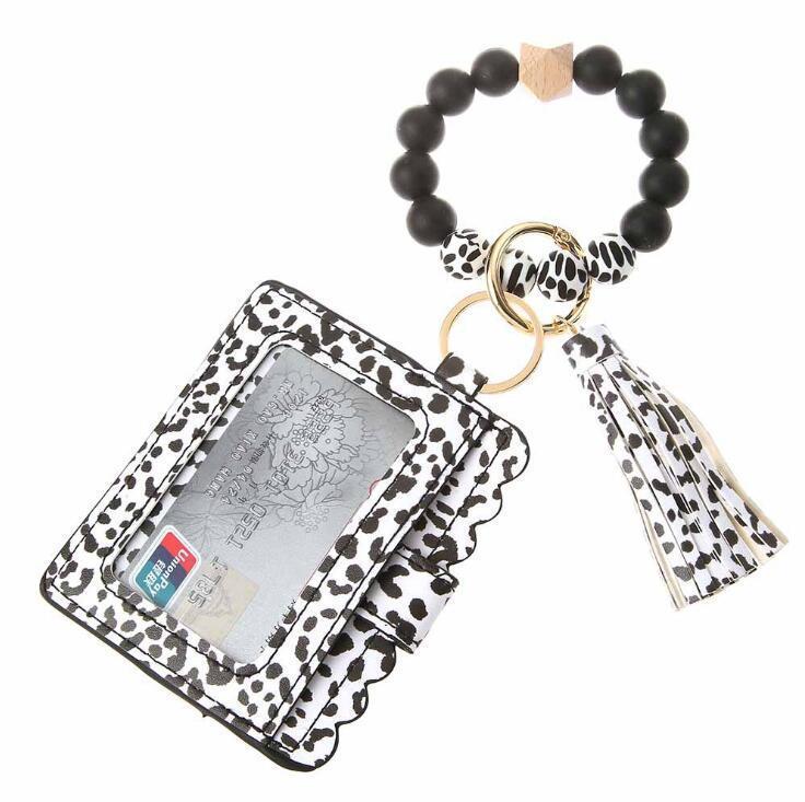 US Stock Fashion PU Leather Bracelet Wallet Keychain Party Favor Tassels Bangle Key Ring Holder Card Bag Silicone Beaded Wristlet Keychains Handbag