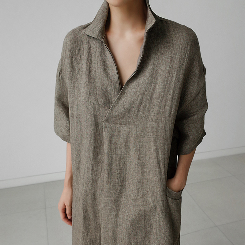 Johnature Women Vintage Cotton Linen Dresses VNeck Solid Color Robes Summer Short Sleeve Pockets Female Loose Dresses 210303