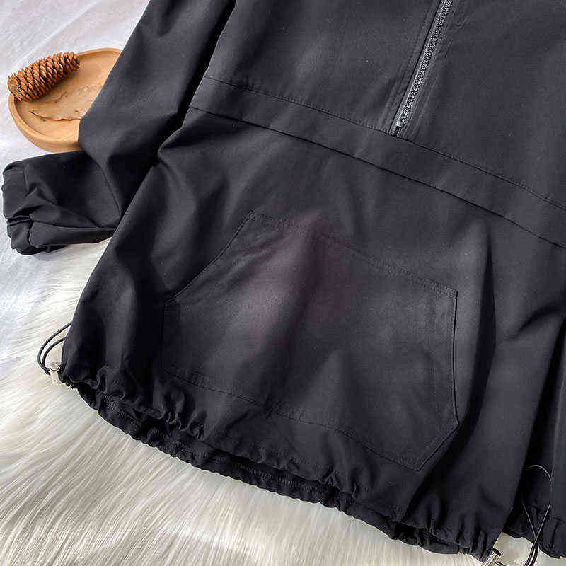 Spring Clothes Lazy Style Top Women's Black Half Zipper Hooded Sportswear 211109