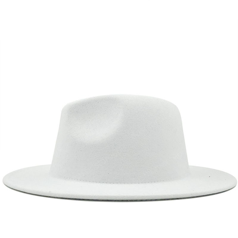 Simple Outer white Inner Sky blue Wool Felt Jazz Fedora Hats with Thin Belt Buckle Men Women Wide Brim Panama Trilby Cap