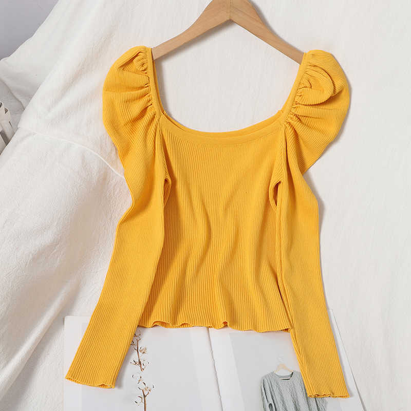 Korobov Preppy Style Sweet Women Puff Sleeve Sweaters Pullovers Chic Sueter Mujer Korean Elegant Square Collar Jumper 210914