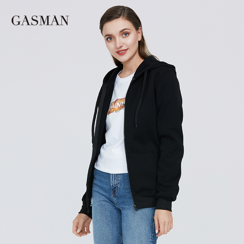 GASMAN Clothes casual solid hoodies sweatshirts Women's hoodies zipper long sleeve winter Female pocket hooded sweatshirts 201216