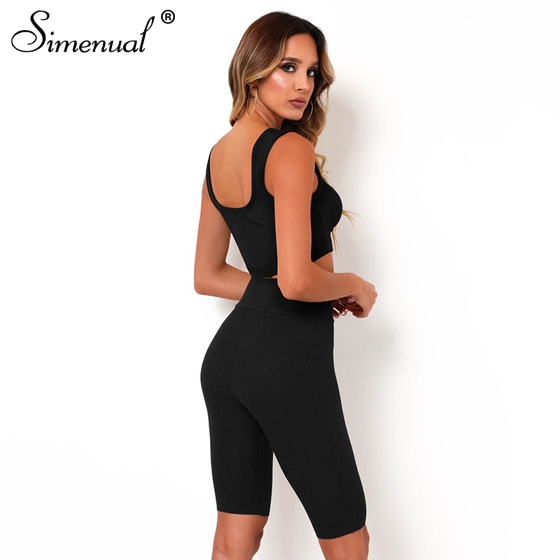 Simenual Bodycon Solid Ribbed Matching Sets Women Sleeveless Active Wear Sporty Two Piece Outfits Crop Top And Biker Shorts Set T200607