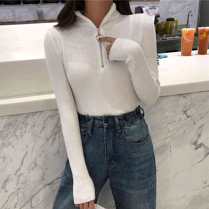 Knitted Women Zipper High Neck Sweater Pullovers Turtleneck Autumn Winter Basic Women Sweaters Slim Fit Black Pull Femme 211109