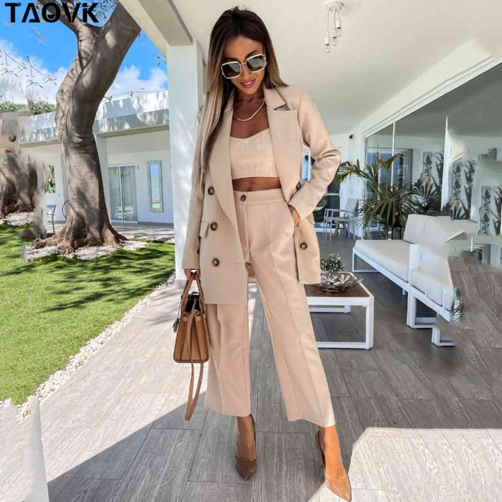 TAOVK Women office Pant Suit Double breasted Full Sleeve Blazers Jacket+Wide leg Pant Two Pieces Set Lady Outfits Work Clothes 211118