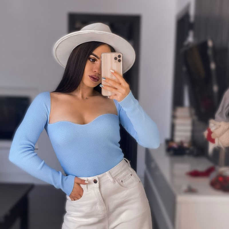 Aproms Sexy Square Neck Ribbed Knitted Sweater Women Casual Long Sleeve High Stretch Pullovers Streetwear White Soft Basic Top 211007