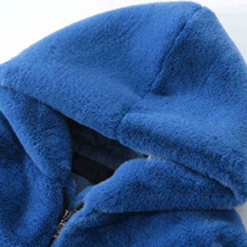 Lautaro Winter Oversized Warm Blue Soft Faux Fur Coat Women with Hood Long Sleeve Zipper Fluffy Jacket Loose Korean Fashion 211123