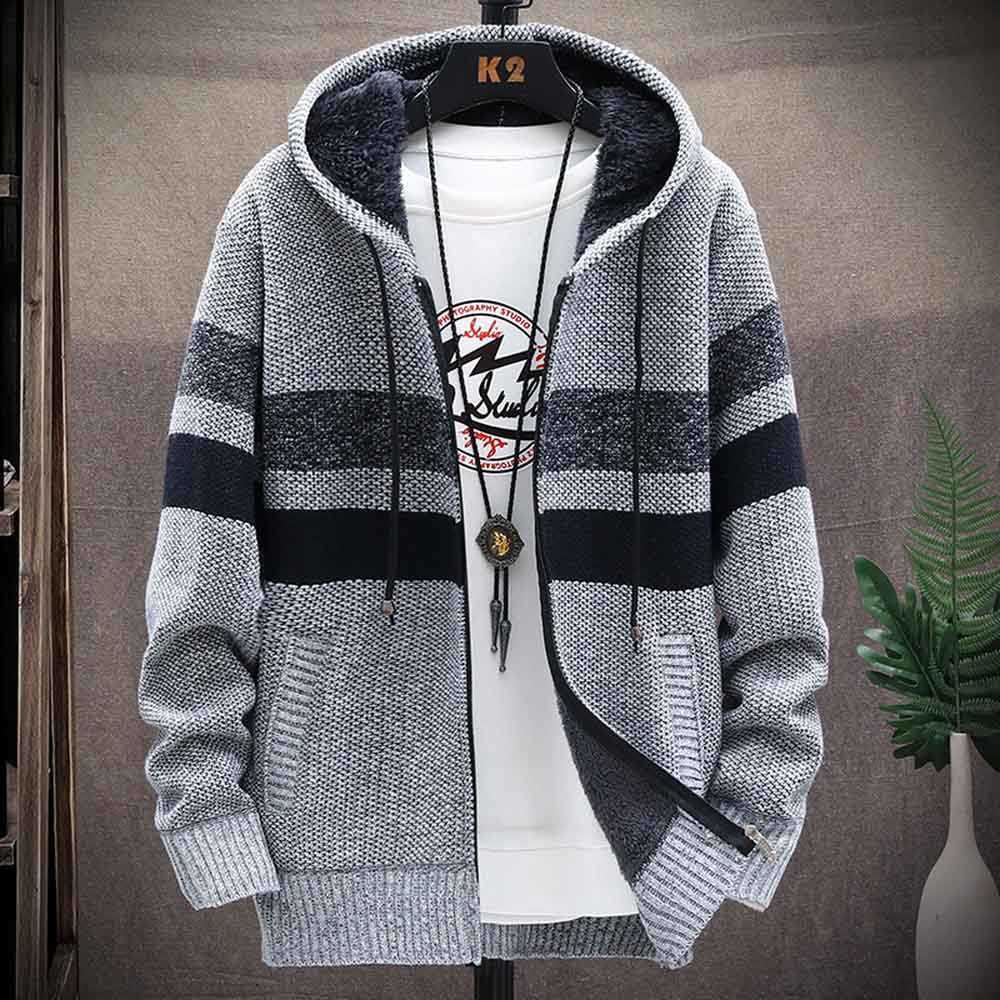 FALIZA Men's Striped Sweater Coat Thick Fleece Warm Zipper Wool Hooded Cardigan Jumpers Men Long Sleeve Knitted Sweaters XY110 210820