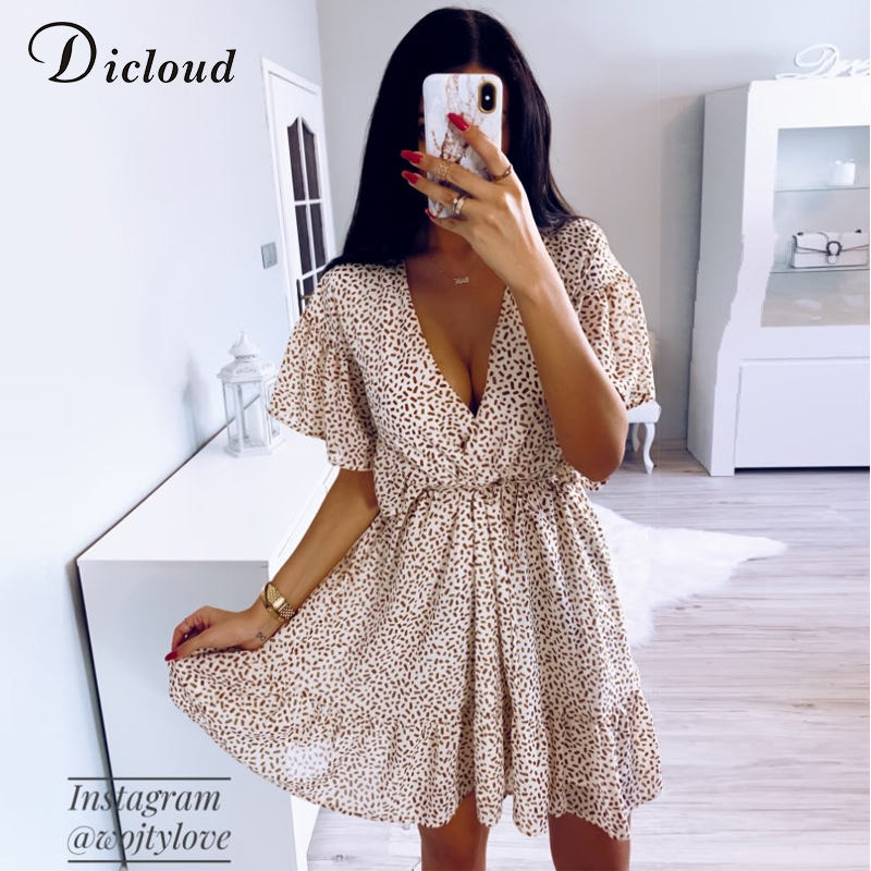 DICLOUD Dot Women Summer Dresses And Sundresses Sexy Plunge V Neck Beach Party Mini Dress Back Button Closure Ruffle Clothes 210303