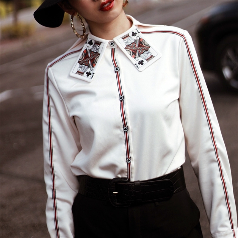 Women Blouse Shirt Female New Spring Special King Card Print Collar Shirts Cool Woman Tops Ladies Party Long Sleeve Shirts NS634 210225