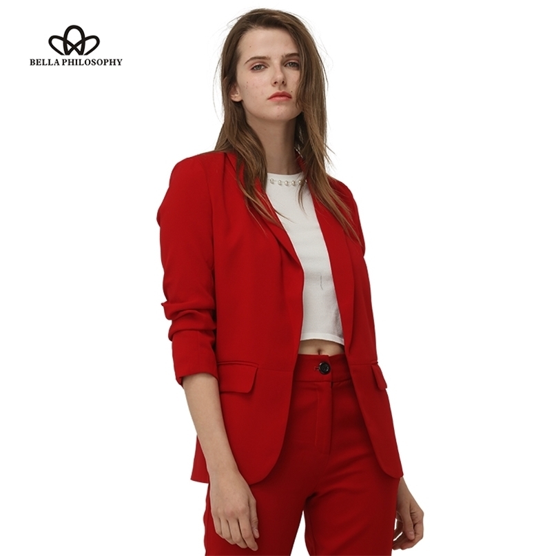 Bella Philosohy Spring Fashion Red Blazer Women OL Puff Sleeve Workwear Coat No Button Three Quarter Ladies Outwears 211122