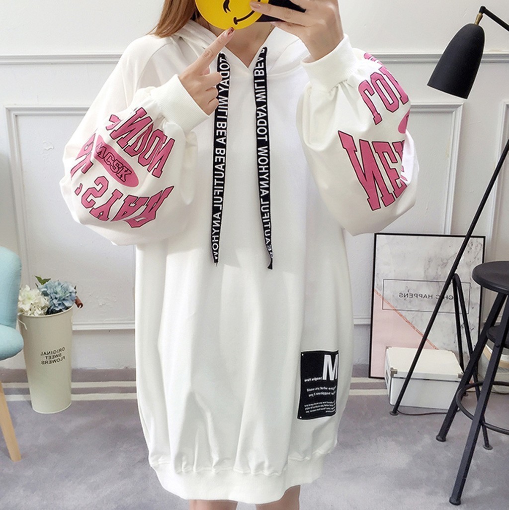 Letter Hoodie Dress Womens Pullover Loose Print Drawstring Long Sleeve Long korean Hoodie Sweatshirt Tops sudaderas para mujer LJ201103