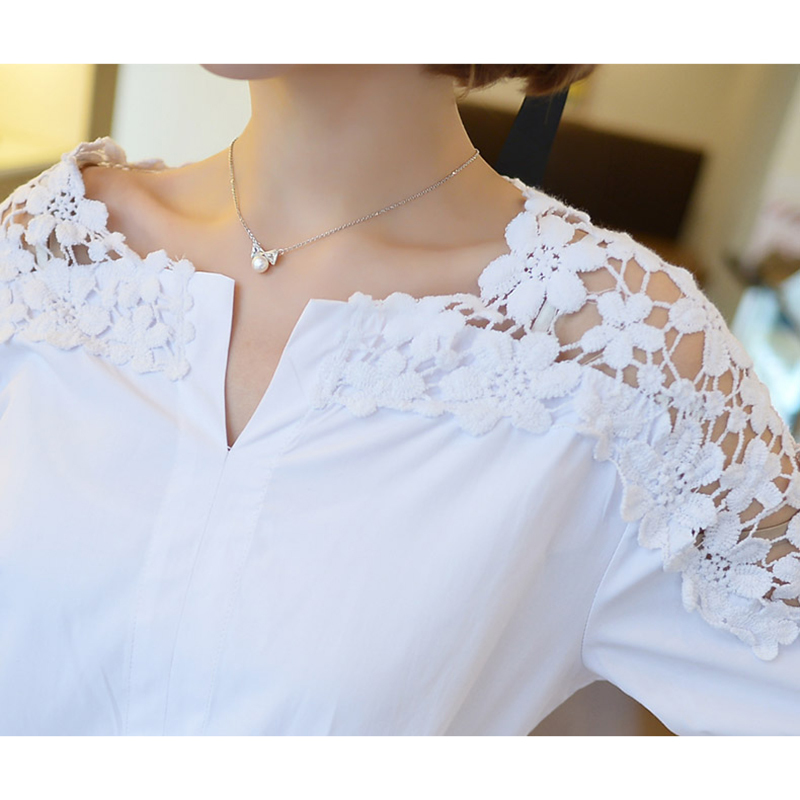 White Plus Size Women Blouses Shirts Fashion Floral Hollow Out Short Sleeve Women's Clothing V-neck Tops Blusas 5XL 823A 30 210225