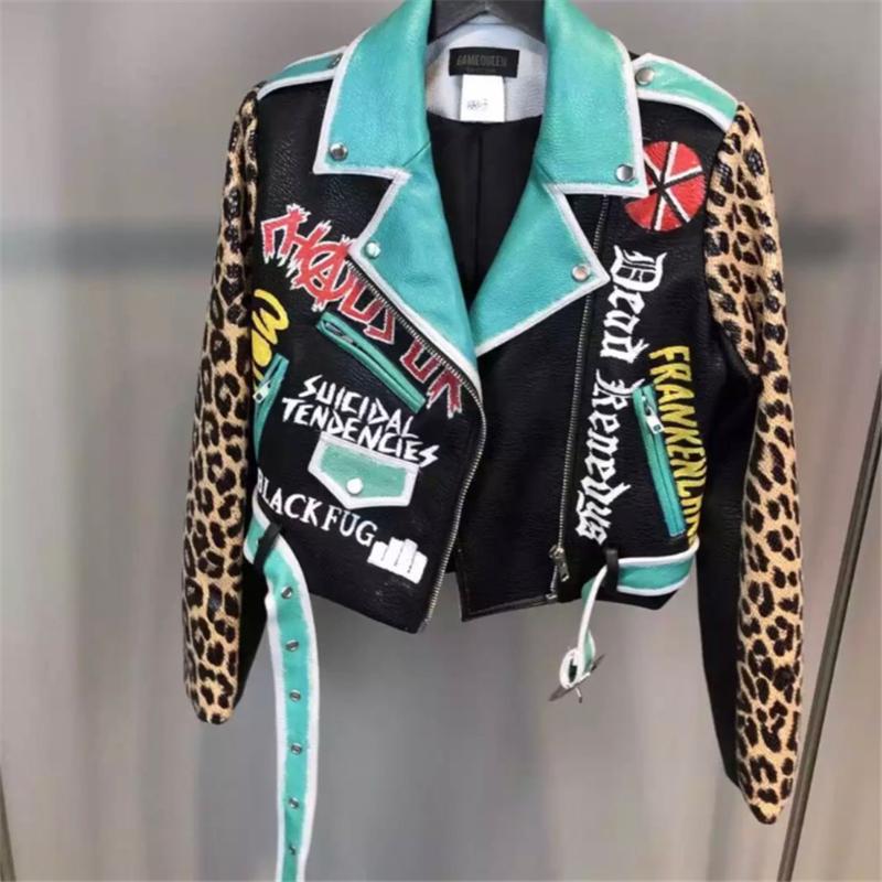 Women's Leather & Faux Spring Autumn Short Leopard Printing PU Jacket Women Letter Print Lapel Belted Coat Motorcycle Style Y1161