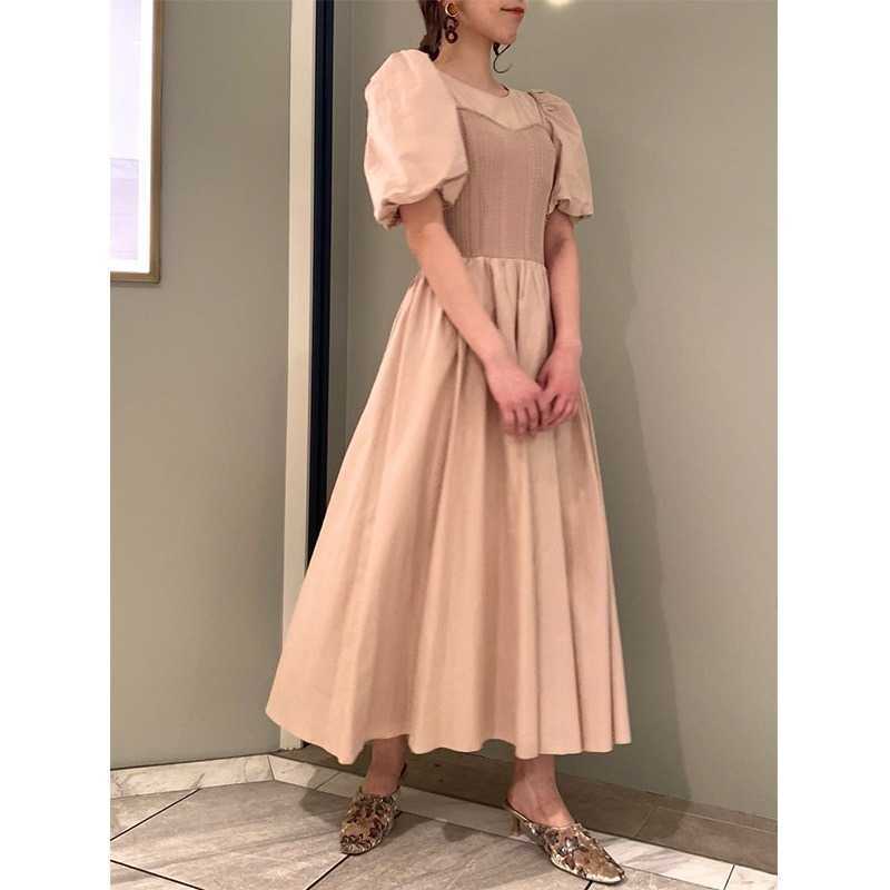Summer Elegant Puff Sleeve Knit Patchwork Dresses for Women High Waist Silm Vestido Feminino Fashion Office Lady 210525