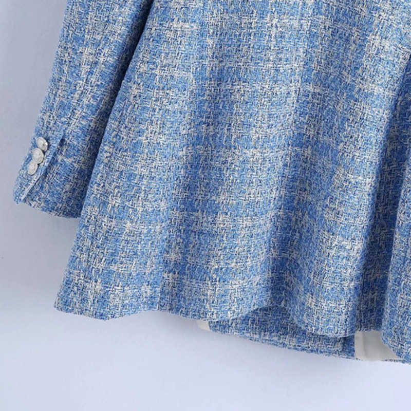 Fashion Double Breasted Tweed Check Women Blazer Coat Vintage Long Sleeve Flap Pockets Female Outerwear Chic Tops 210928