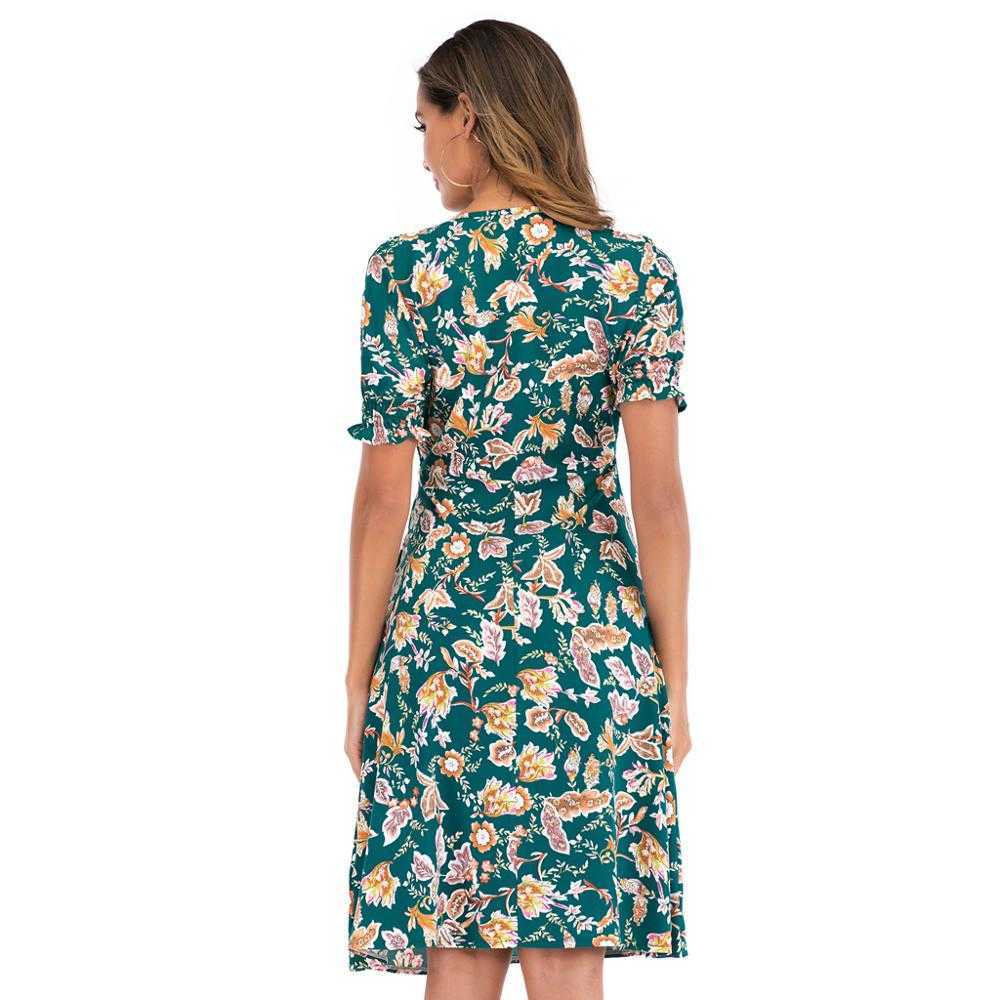 Casual Boho Beach Dress Women Sexy V Neck Short Sleeve Tunic Summer es Plus Size Floral Printed Vintage Chiffon Midi 210526