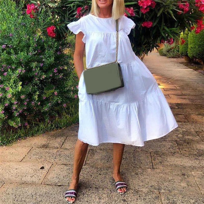 Women Dress Short Sleeve Pleated Long Dresses Fashion Bohemian Dress Solid Loose Summer Dresses Plus Size White Black 210630