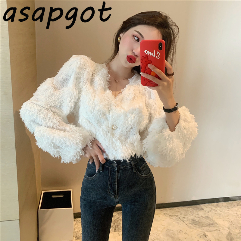 Asapgot Fashion Chic Korea Plush V-neck Tassel Sweaters Coat Autumn Winter New Thick Wild Pink Long-sleeved Cardigan Top Sweet 210218