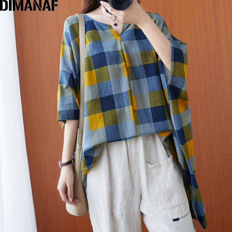 DIMANAF Plus Size Women Blouse Shirt Cotton Big Size Casual Lady Tops Tunic Print Plaid Loose Female Clothing Batwing Sleeve 5XL 210225