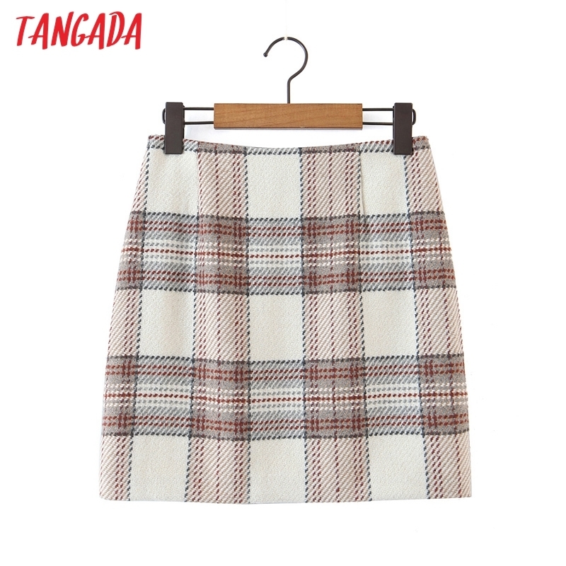 Tangada Autumn Winter Women Plaid Pattern Tweed Skirts Faldas Mujer Zipper Female Mini Skirt 8H14 210309