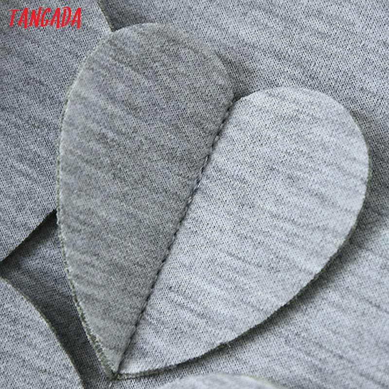 Tangada women hearts appliques sweatshirts oversize long sleeve back zipper O neck gray pullovers casual female tops YD185 201201