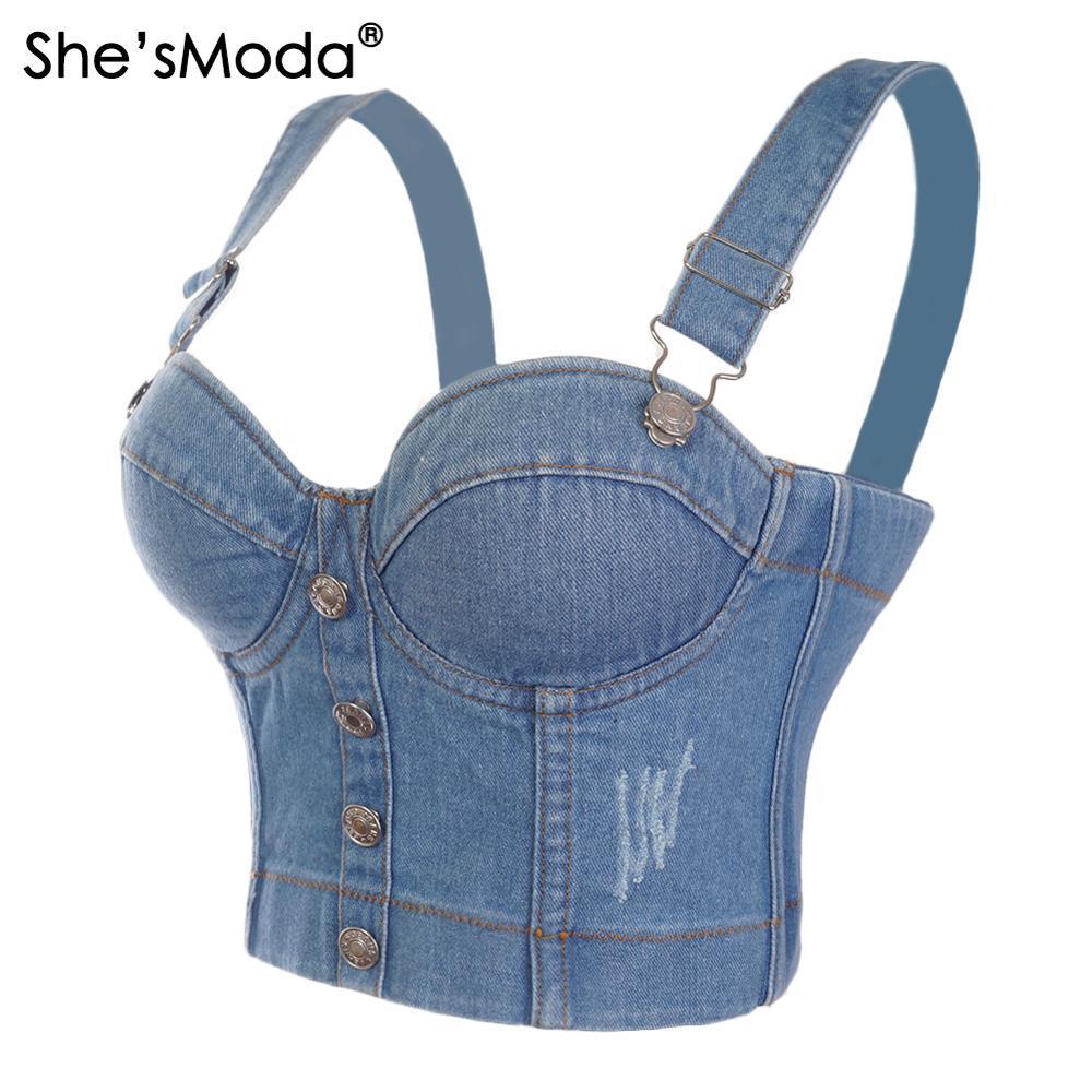She'sModa Denim Jeans Scratched Women's Button Diamonds Ripped Push Up Bustier Night Club Party Crop Top New Corset Camise 201028
