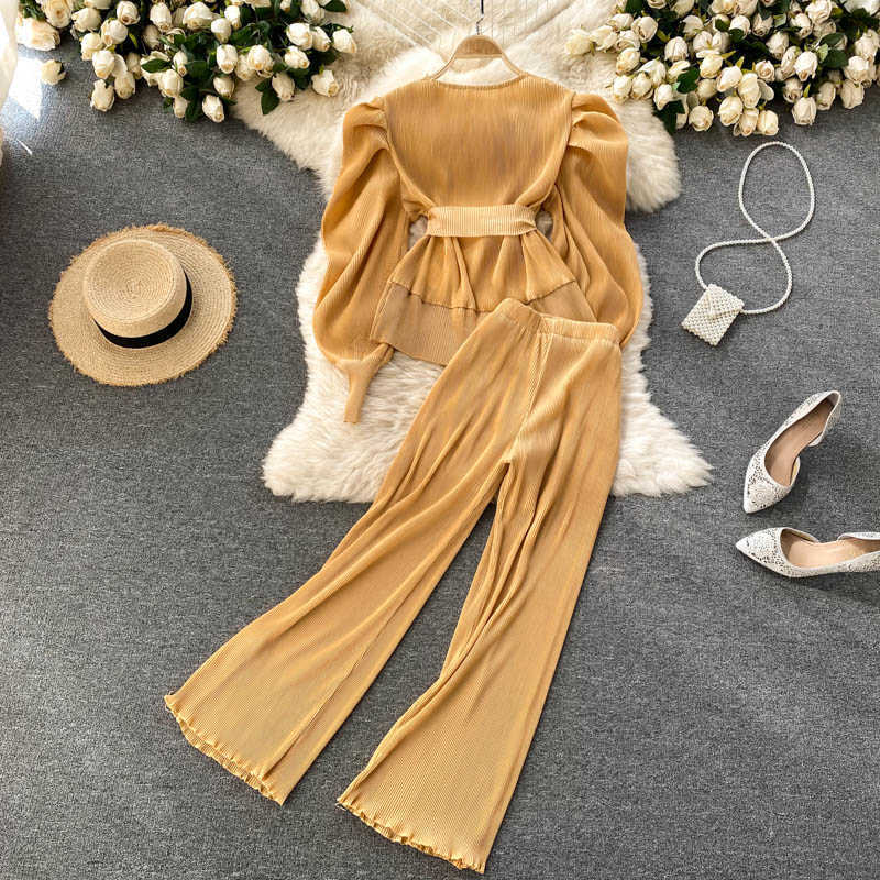 Elegant Women Purple Pant Suits Spring Autumn Solid Puff Sleeve Top Pleated Chiffon Wide-Leg Pants 2 Piece Set Female Outfit 210925wtt