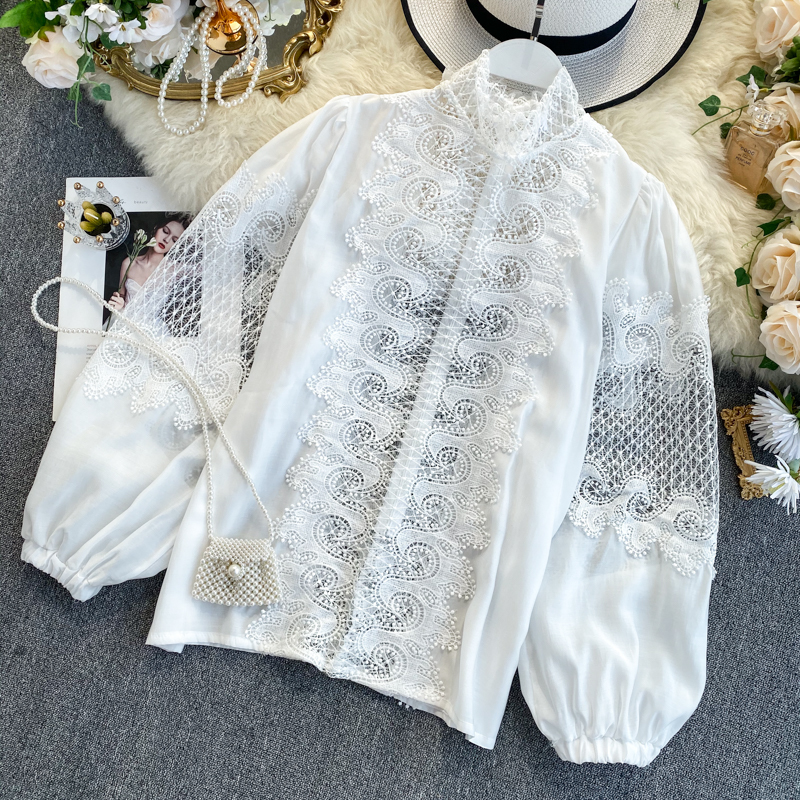 Embroidery Mesh Patchwork Lace Women's Shirts Blouse Bow Scarf Collar Lantern Long Sleeve Spring Female Clothing Fashion 210225