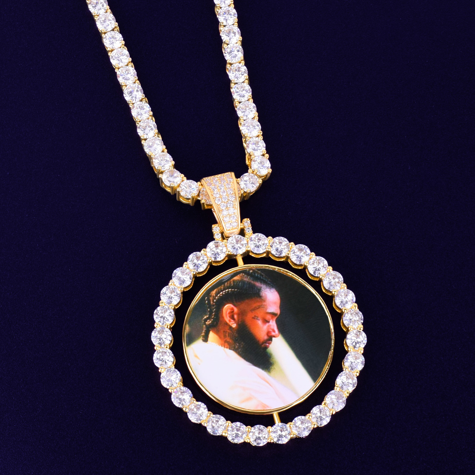 Custom Made Photo Rotating double-sided Medallions Pendant Necklace 4mm Tennis Chain Zircon Men's Hip hop Jewelry 2x1.65 inch V191128