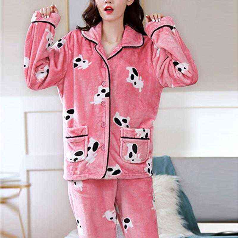 ZITY Winter Pajamas Set Women Sleepwear Warm Flannel Long Sleeves Pajamas Pink Cute Animal Homewear Thick Home Suit 211109