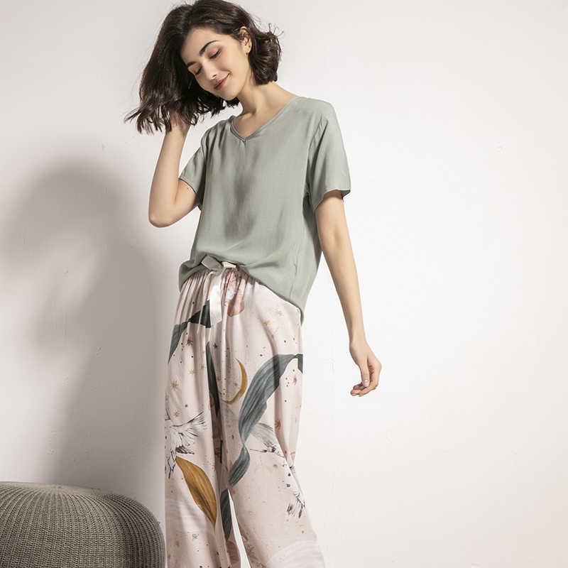 Summer Pajamas Set Women Sleepwear Female Casual Floral Printed Contrasting Color Pyjamas Tops with Long Trousers Home Clothing 210924