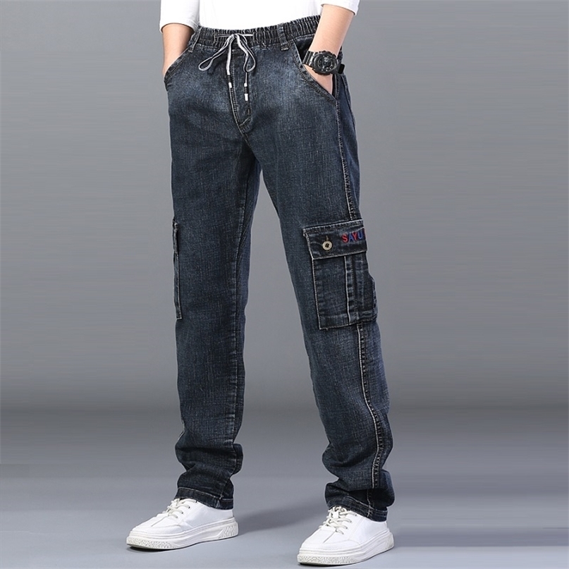 Men's High Waist Jeans Straight Large Size Dinem Trouser Male Black Side Multi Pocket Blue Loose Elastic Band Cargo Pants 211108, 083 blue
Men's High Waist Jeans Straight Large Size Dinem Trouser Male Black Side Multi Pocket Blue Loose Elastic Band Cargo Pants 211108, 083 blue