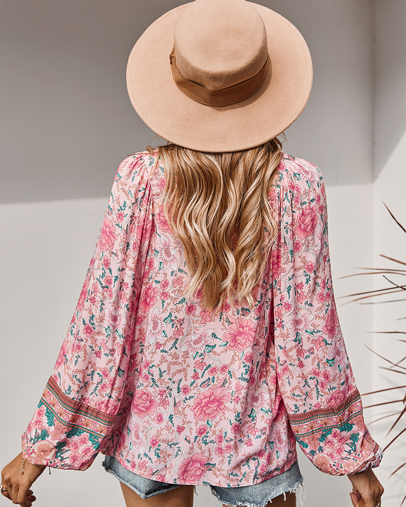 BOHO INSPIRED Long Sleeve Women Blouse Shirt Floral Print Boho Shirts Tops Tie V-Neck Pink women Tops rayon spring summer blouse 210225