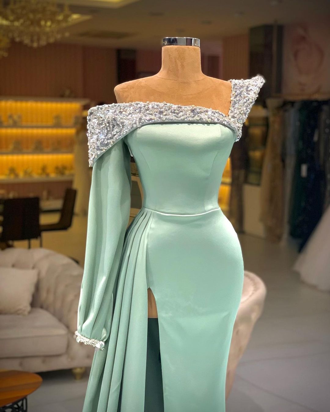 Aso Ebi 2021 Arabic Mint Sexy Sheath Evening Dresses Beaded Crystals Prom Dresses High Split Formal Party Second Reception Gowns ZJ206