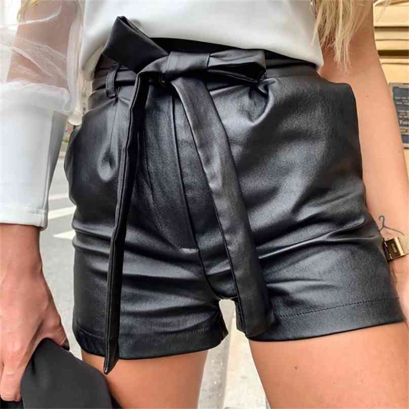 Women Leather Shorts England Style Bottoms Black Short Mujer Casual PU feminino Sexy High Waist Belt D30 210714
