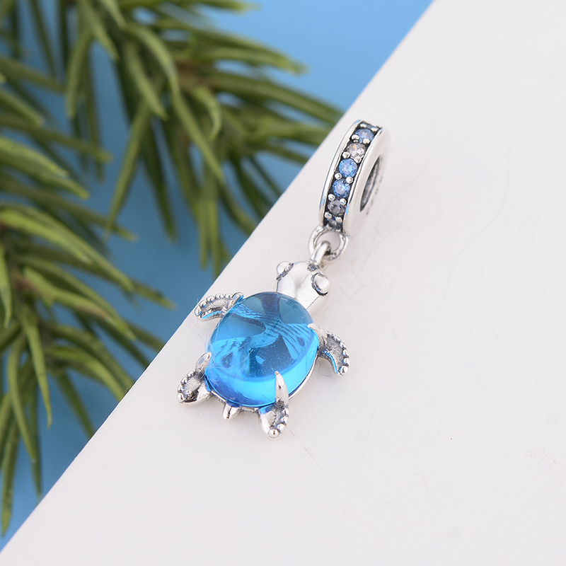 Fit Original Brand Charm Bracelet Authentic 925 Silver Cute Animal Tortoise Deep Blue Murano Glass Turtle Pendant Bead For Making Berloque
